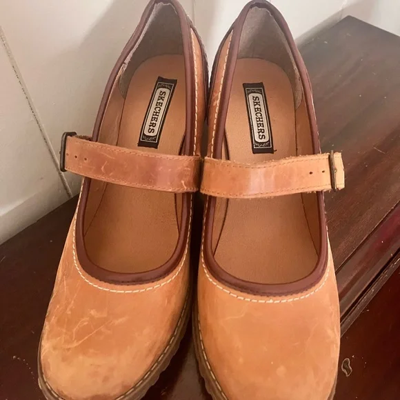 VTG Skechers Wedge Chunky Y2K Academia Mary Jane’s Platforms 8 tan and brown - Picture 3 of 7